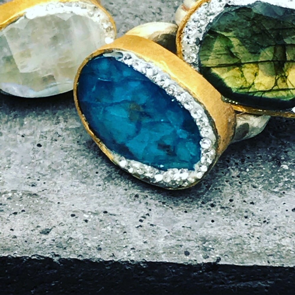 Handmade Ocean Blue Turmaline silver gold ring - Picture 2 of 6